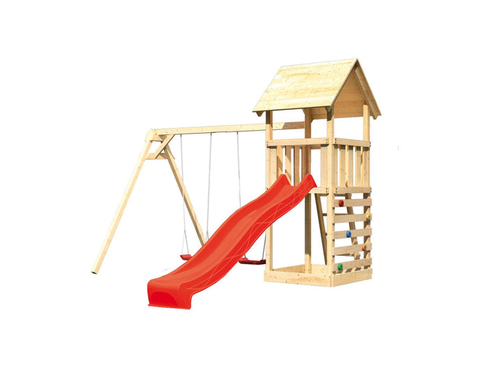 Karibu Spielturm Lotti mit Doppelschaukel, Kletterwand und Rutsche rot