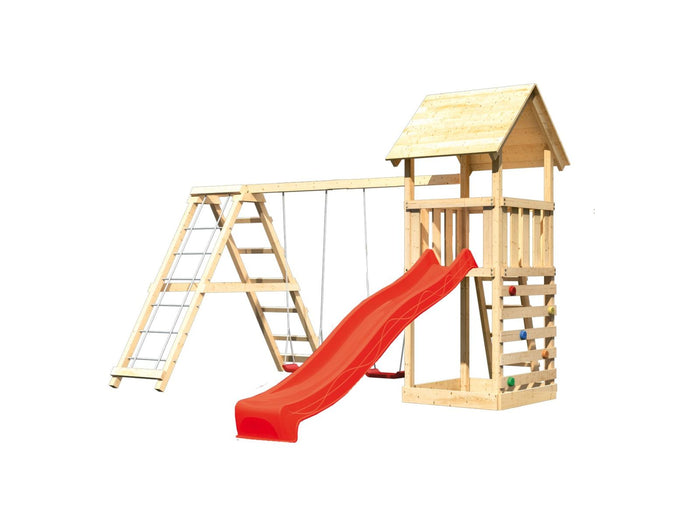 Karibu Spielturm Lotti- Doppelschaukel mit Klettergerüst, Kletterwand und Rutsche in rot