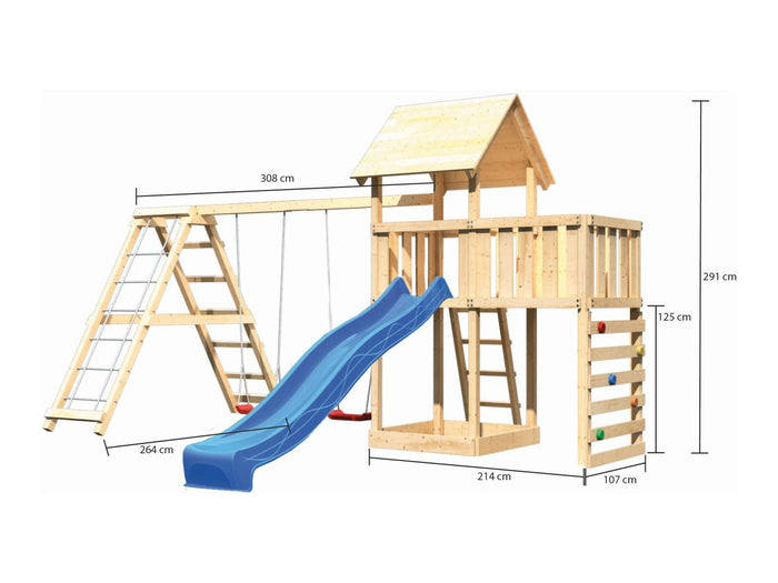 Karibu Spielturm Lotti Satteldach + Rutsche blau + Doppelschaukel Klettergerüst + Anbauplattform + K