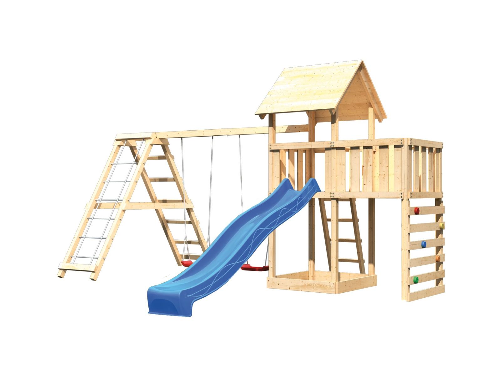 Karibu Spielturm Lotti Satteldach + Rutsche blau + Doppelschaukel Klettergerüst + Anbauplattform + K