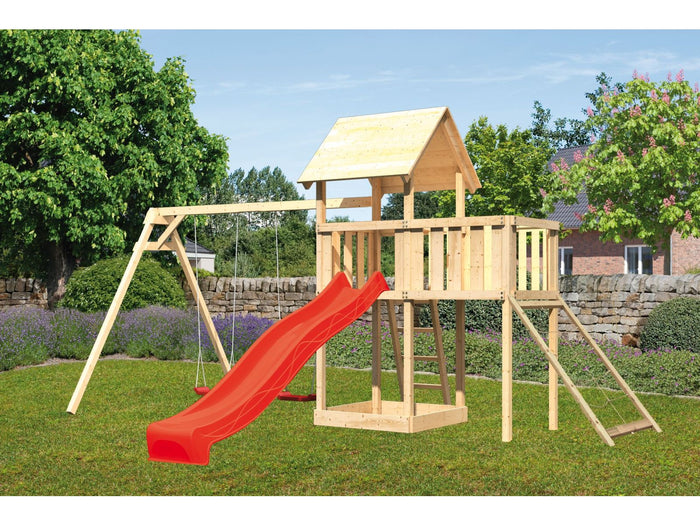 Karibu Spielturm Lotti Satteldach + Rutsche rot + Doppelschaukel + Anbauplattform + Netzrampe