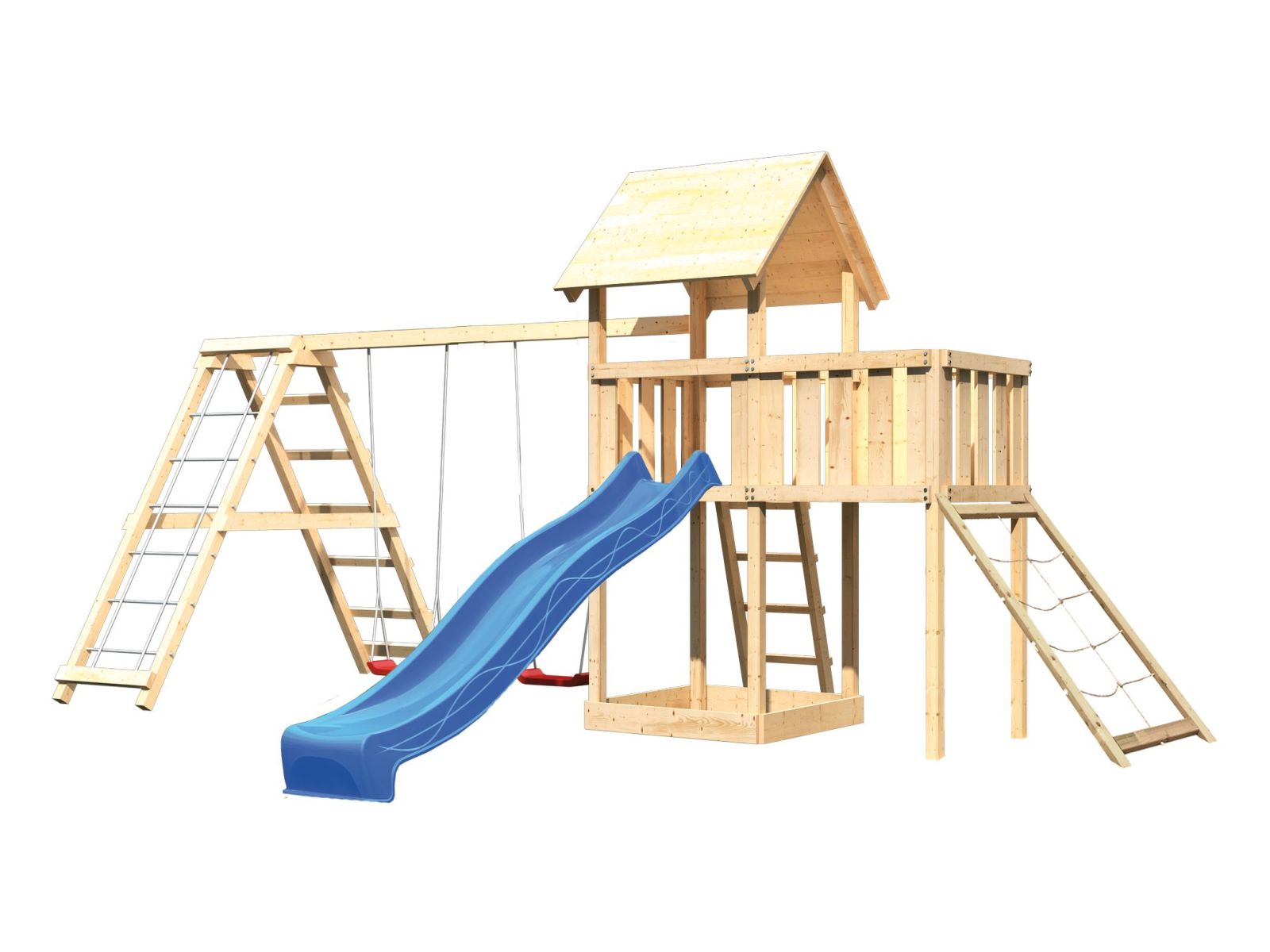 Karibu Spielturm Lotti Satteldach + Rutsche blau + Doppelschaukelanbau Klettergerüst + Anbauplattfor