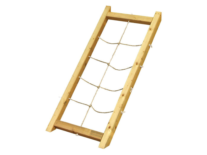 Karibu Spielturm Lotti natur mit Anbauplattform, Netzrampe und Rutsche blau