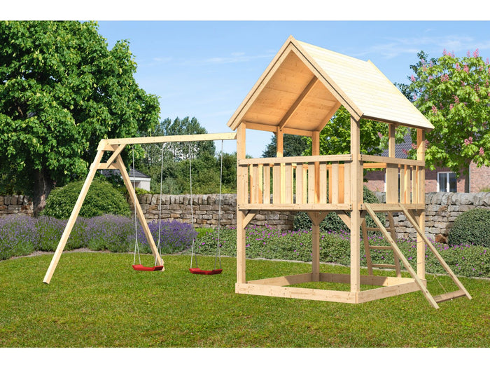Karibu Spielturm Luis Satteldach + Doppelschaukel + Netzrampe