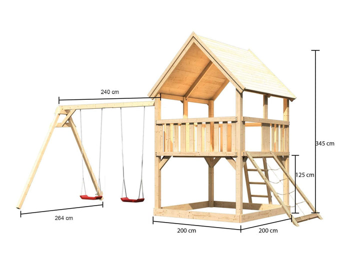 Karibu Spielturm Luis Satteldach + Doppelschaukel + Netzrampe