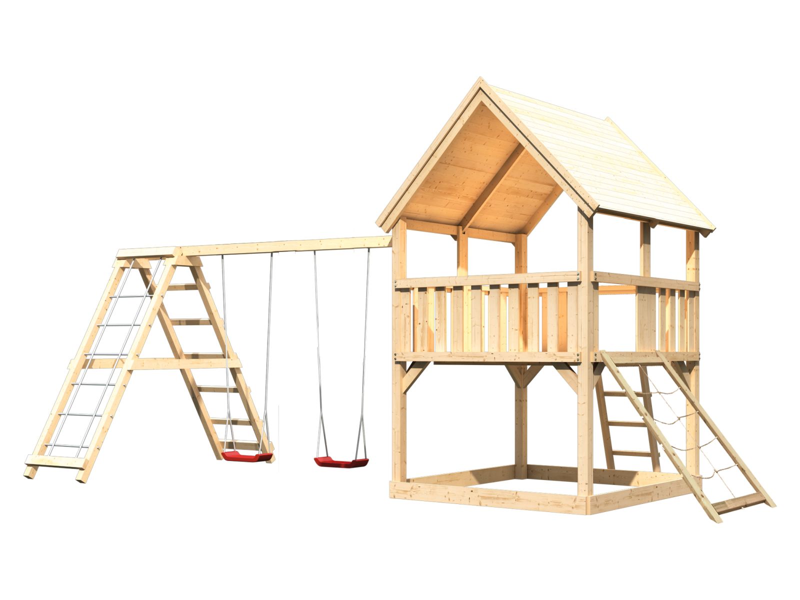Karibu Spielturm Luis Satteldach + Doppelschaukelanbau Klettergerüst + Netzrampe