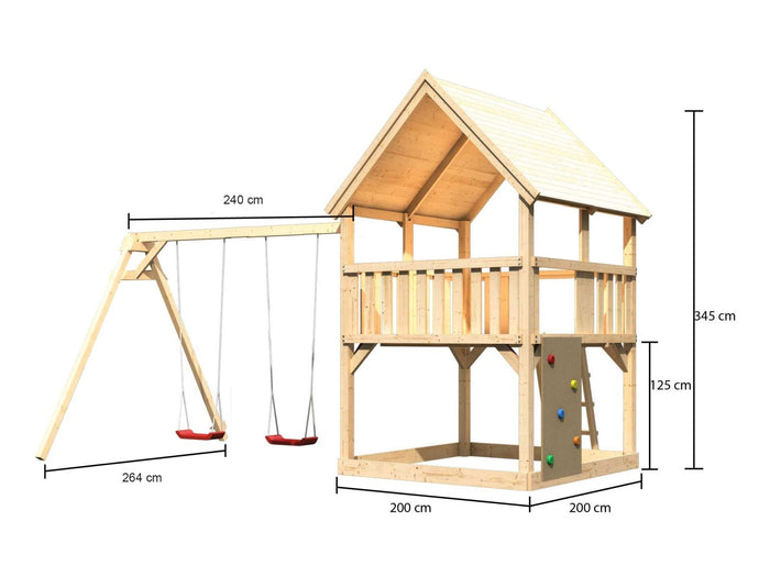Karibu Spielturm Luis Satteldach + Doppelschaukel + Kletterwand