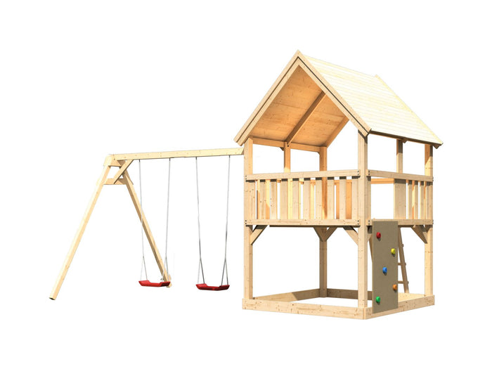 Karibu Spielturm Luis Satteldach + Doppelschaukel + Kletterwand
