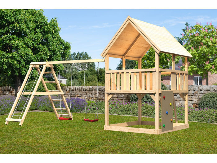 Karibu Spielturm Luis Satteldach + Doppelschaukelanbau Klettergerüst + Kletterwand