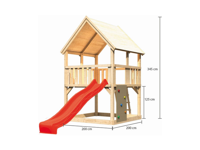 Karibu Spielturm Luis Satteldach + Rutsche rot + Kletterwand