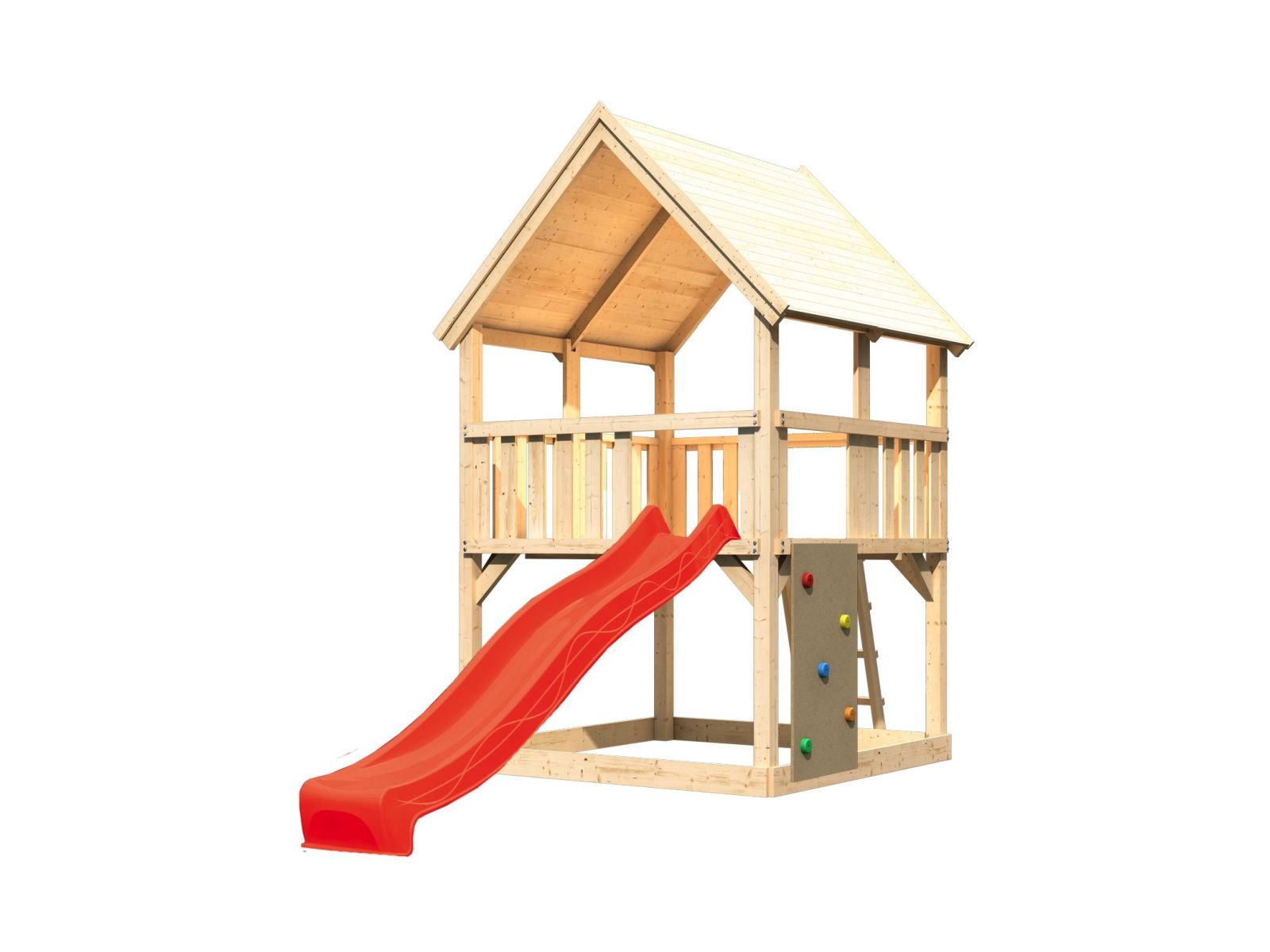 Karibu Spielturm Luis Satteldach + Rutsche rot + Kletterwand
