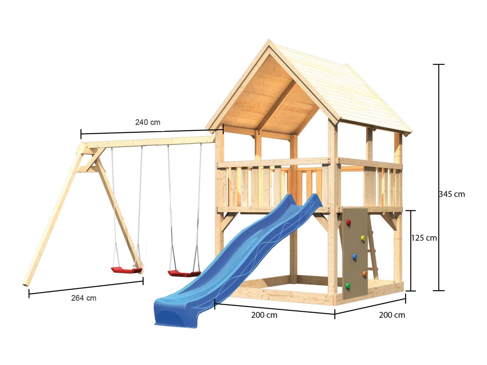 Karibu Spielturm Luis Satteldach + Rutsche blau + Doppelschaukel + Kletterwand