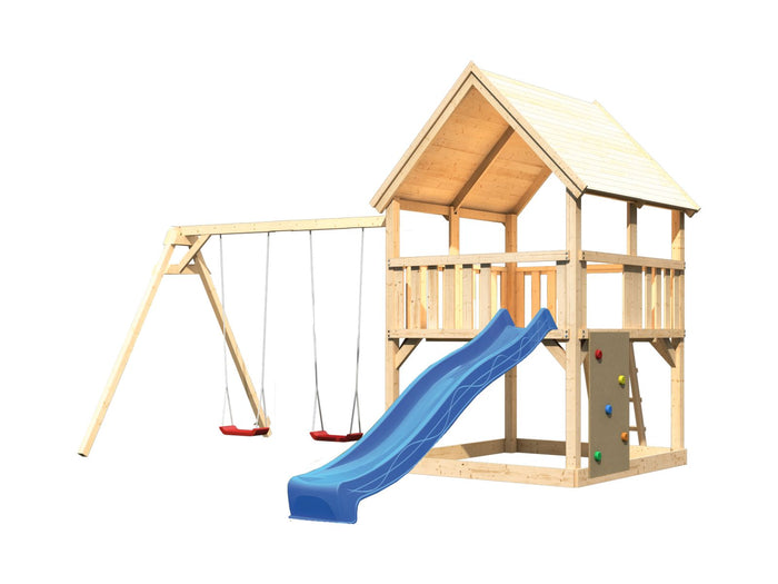 Karibu Spielturm Luis Satteldach + Rutsche blau + Doppelschaukel + Kletterwand