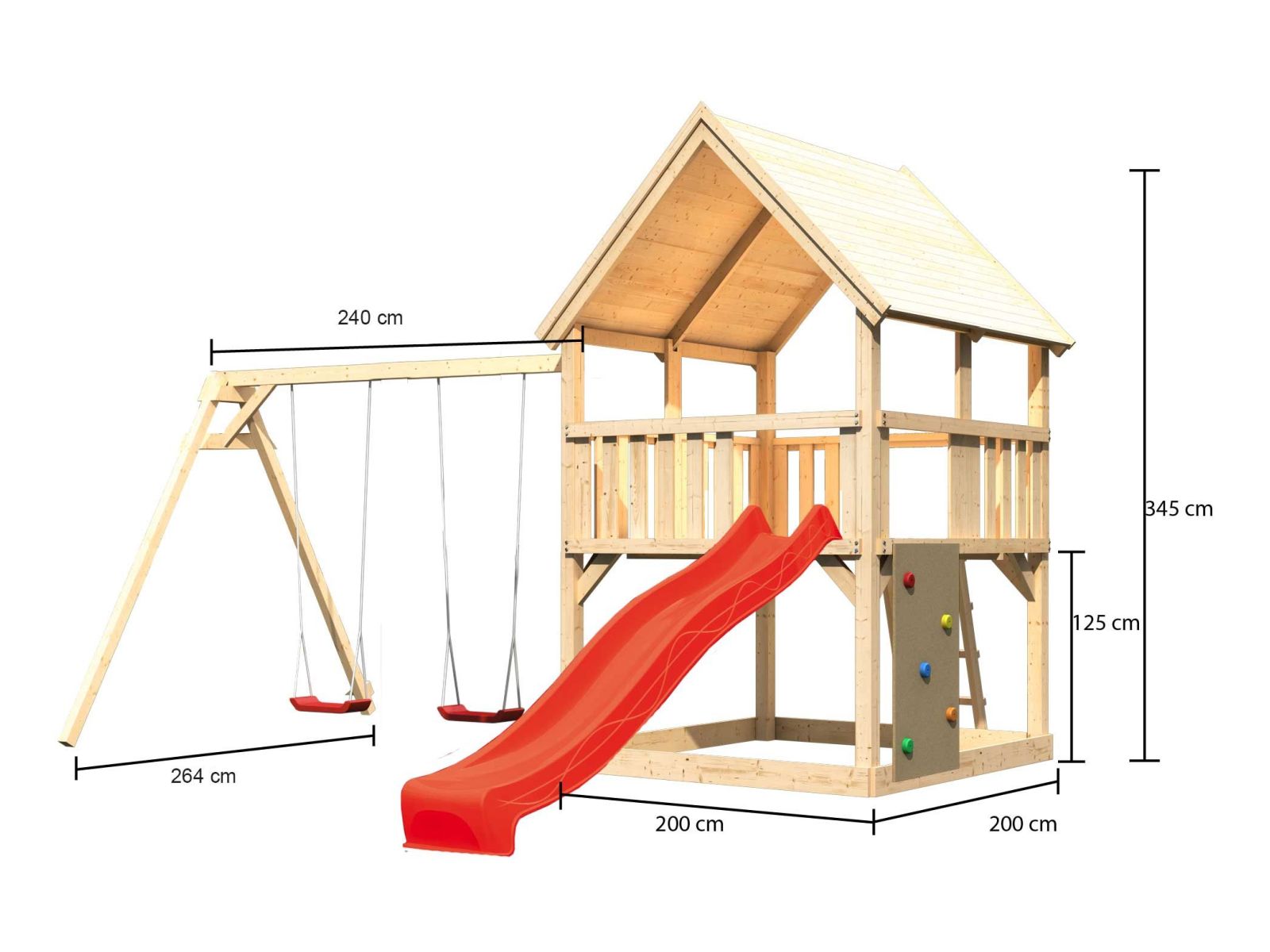 Karibu Spielturm Luis Satteldach + Rutsche rot + Doppelschaukel + Kletterwand