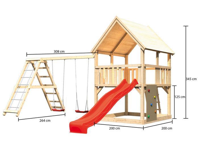 Karibu Spielturm Luis Satteldach + Rutsche rot + Doppelschaukelanbau Klettergerüst + Kletterwand