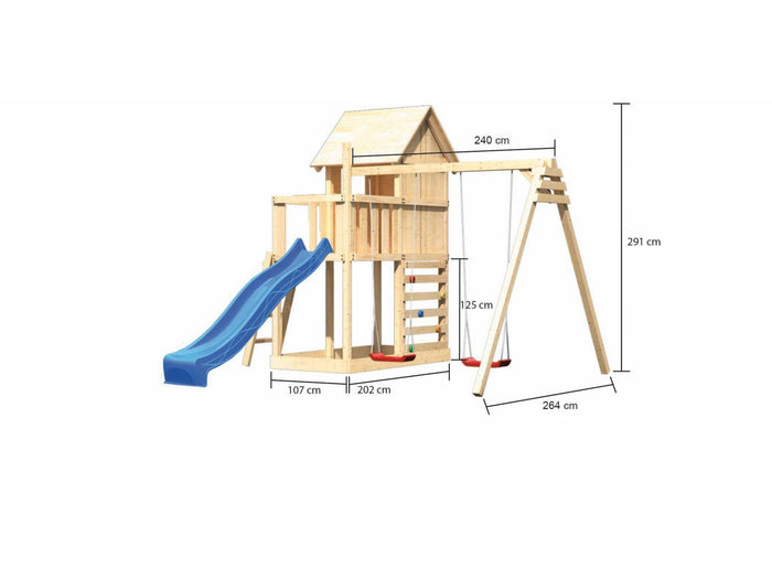 Karibu Stelzenhaus Frieda + Rutsche blau + Doppelschaukel + Kletterwand