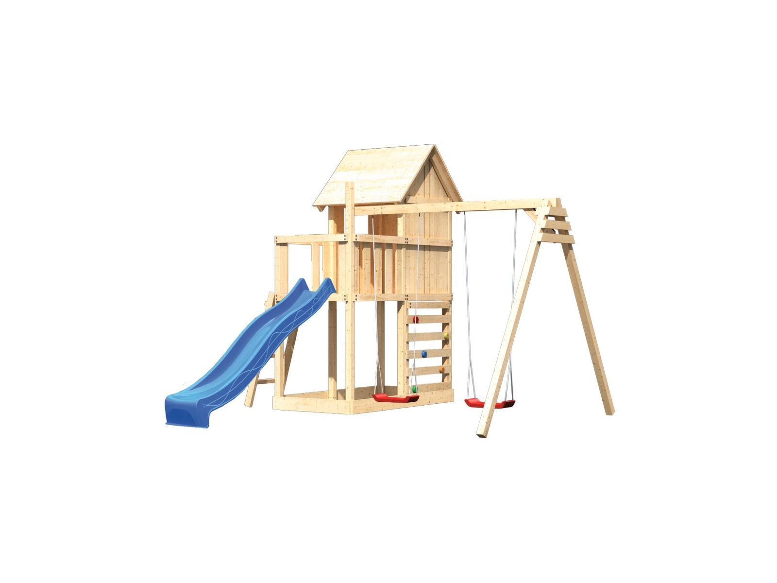 Karibu Stelzenhaus Frieda + Rutsche blau + Doppelschaukel + Kletterwand