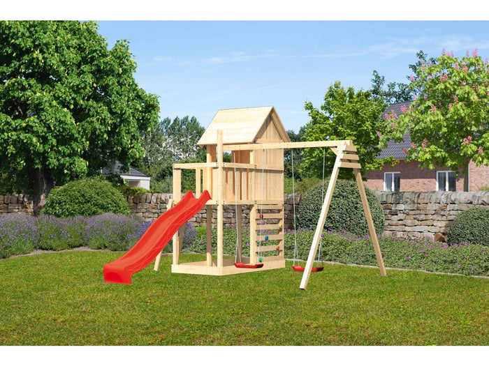 Karibu Stelzenhaus Frieda + Rutsche rot + Doppelschaukel + Kletterwand