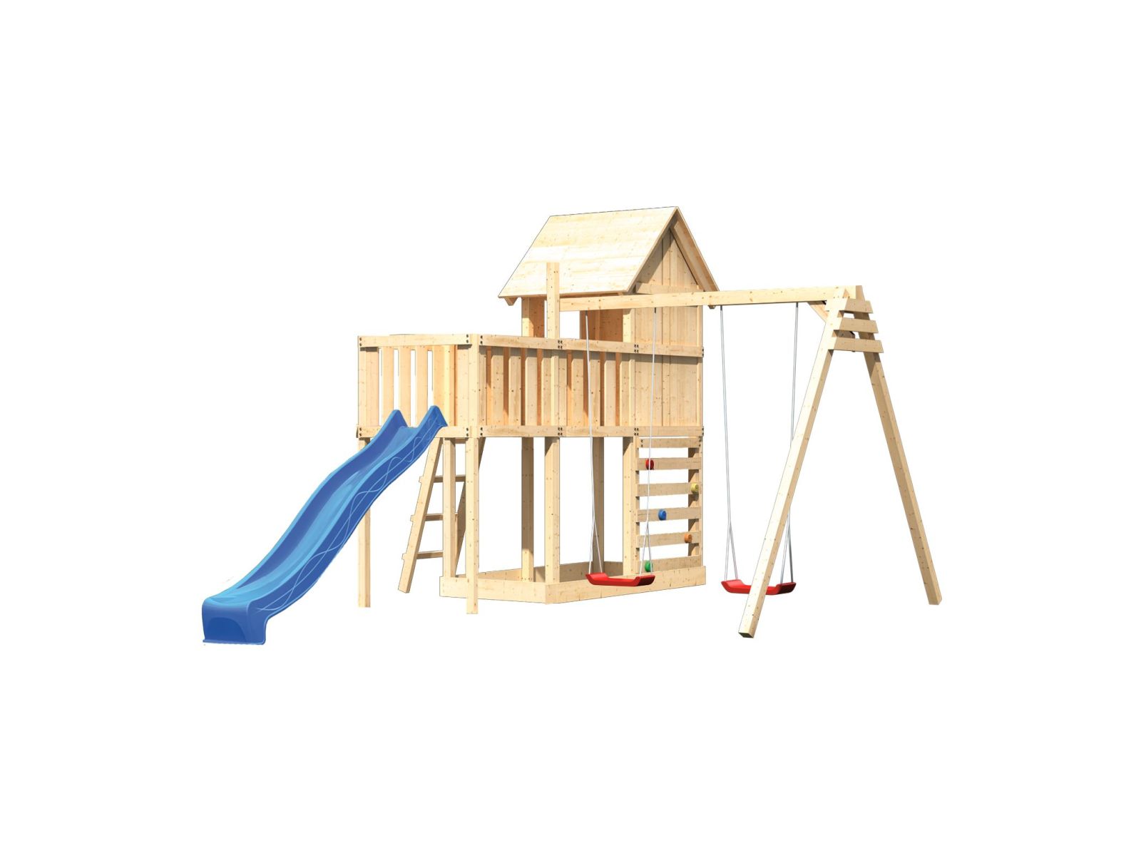 Karibu Stelzenhaus Frieda + Rutsche blau + Doppelschaukel + Anbauplattform + Kletterwand