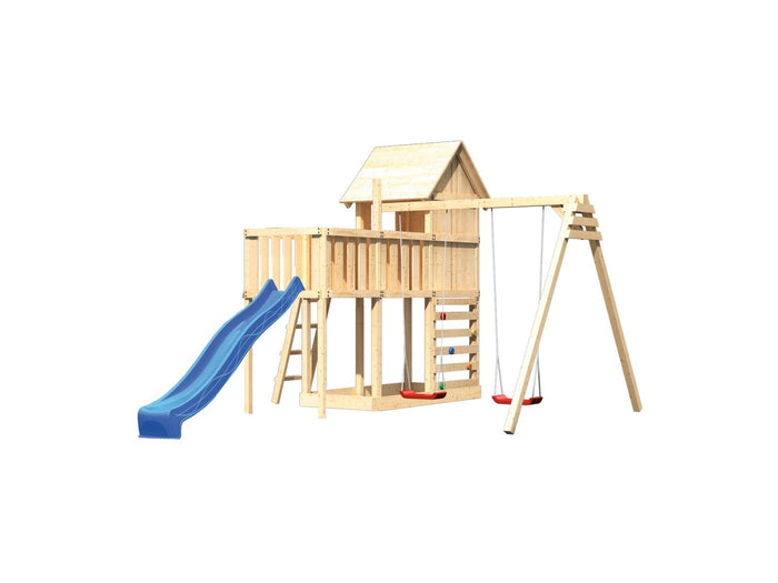 Karibu Stelzenhaus Frieda + Rutsche blau + Doppelschaukel + Anbauplattform + Kletterwand