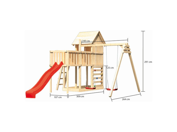 Karibu Stelzenhaus Frieda + Rutsche rot + Doppelschaukel + Anbauplattform + Kletterwand