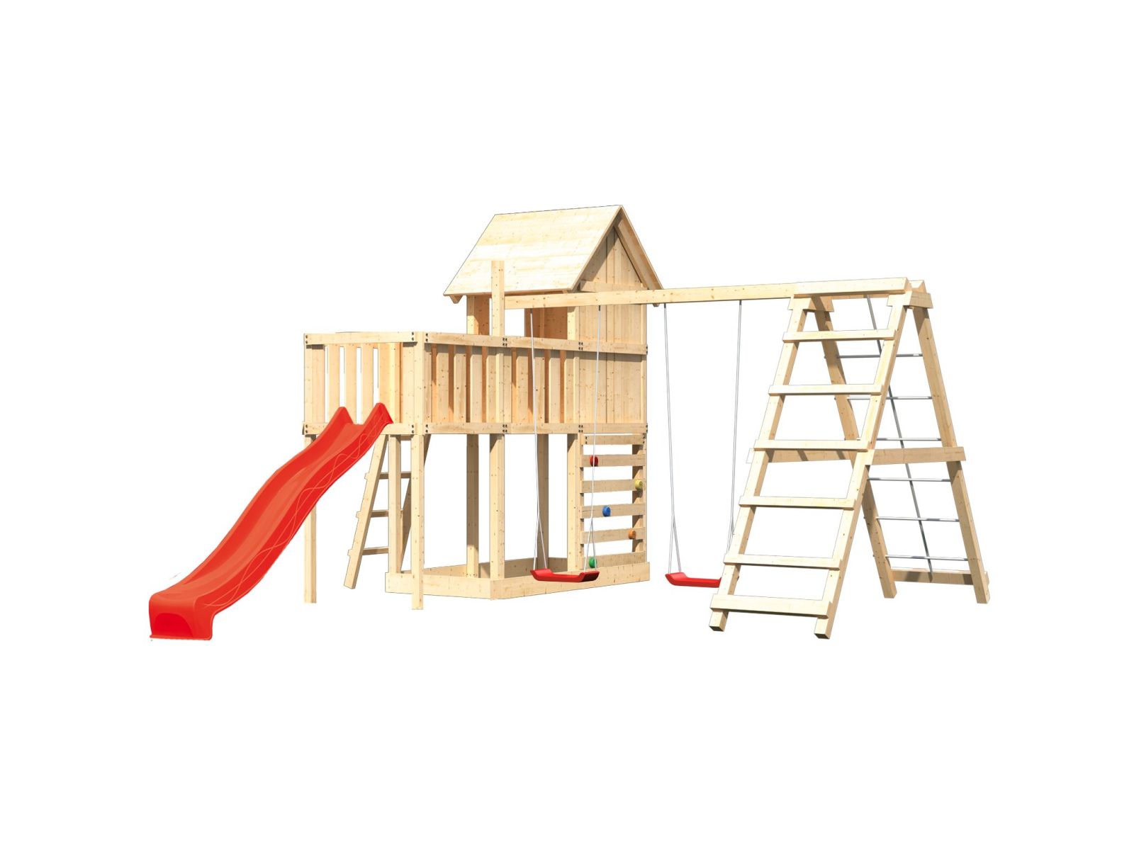 Karibu Stelzenhaus Frieda + Rutsche rot + Doppelschaukel Klettergerüst + Anbauplattform + Kletterwan