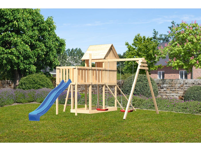 Karibu Stelzenhaus Frieda + Rutsche blau + Doppelschaukel + Anbauplattform + Netzrampe