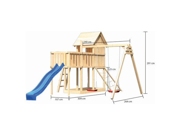 Karibu Stelzenhaus Frieda + Rutsche blau + Doppelschaukel + Anbauplattform + Netzrampe
