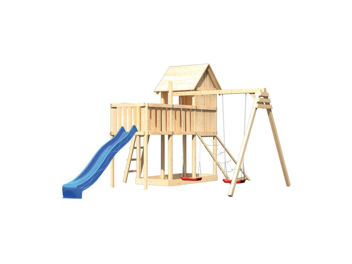 Karibu Stelzenhaus Frieda + Rutsche blau + Doppelschaukel + Anbauplattform + Netzrampe