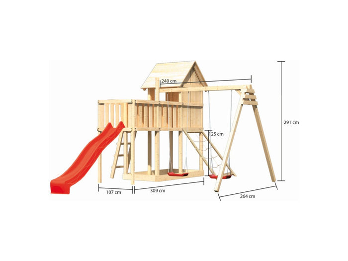 Karibu Stelzenhaus Frieda + Rutsche rot + Doppelschaukel + Anbauplattform + Netzrampe