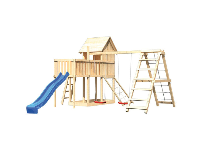 Karibu Stelzenhaus Frieda + Rutsche blau + Doppelschaukel Klettergerüst + Anbauplattform + Netzrampe