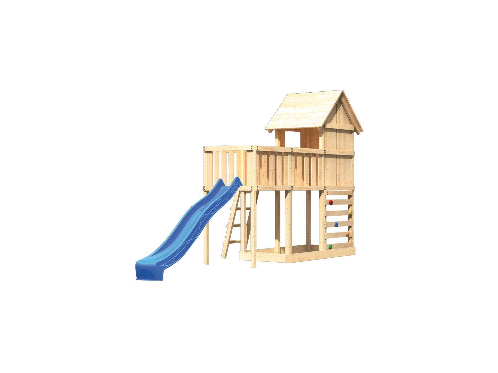 Karibu Stelzenhaus Frieda + Rutsche blau + Anbauplattform + Kletterwand
