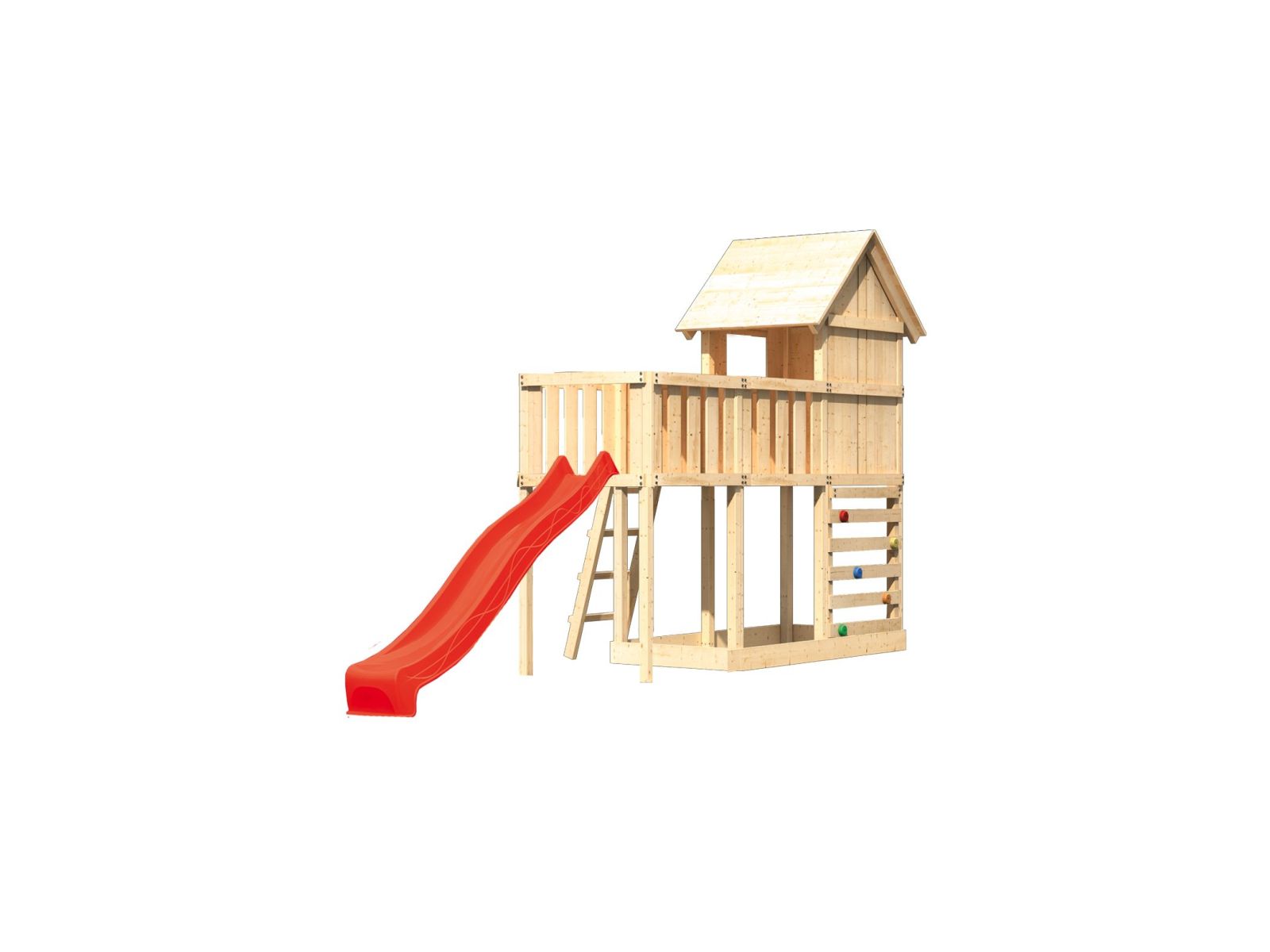 Karibu Stelzenhaus Frieda + Rutsche rot + Anbauplattform + Kletterwand