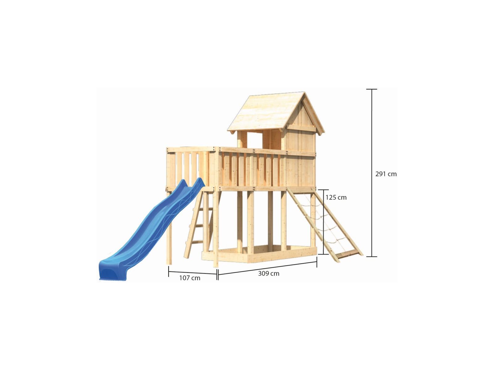 Karibu Stelzenhaus Frieda + Rutsche blau + Anbauplattform + Netzrampe