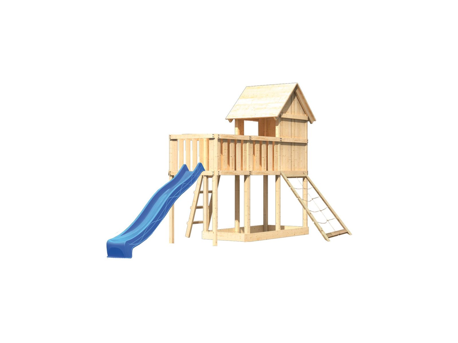 Karibu Stelzenhaus Frieda + Rutsche blau + Anbauplattform + Netzrampe