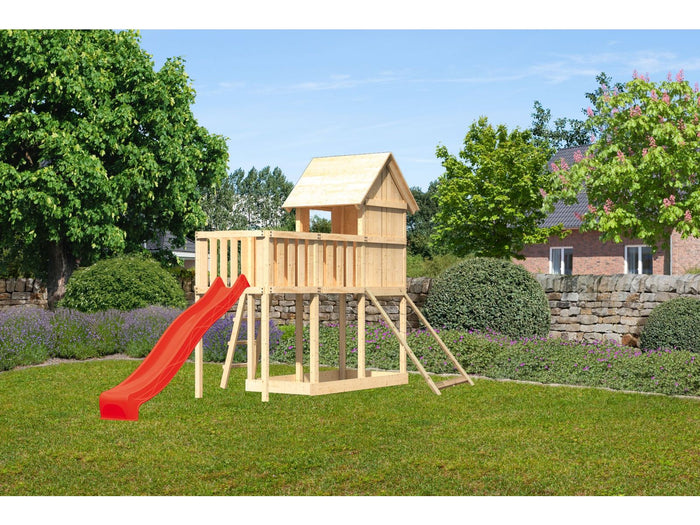 Karibu Stelzenhaus Frieda + Rutsche rot + Anbauplattform + Netzrampe