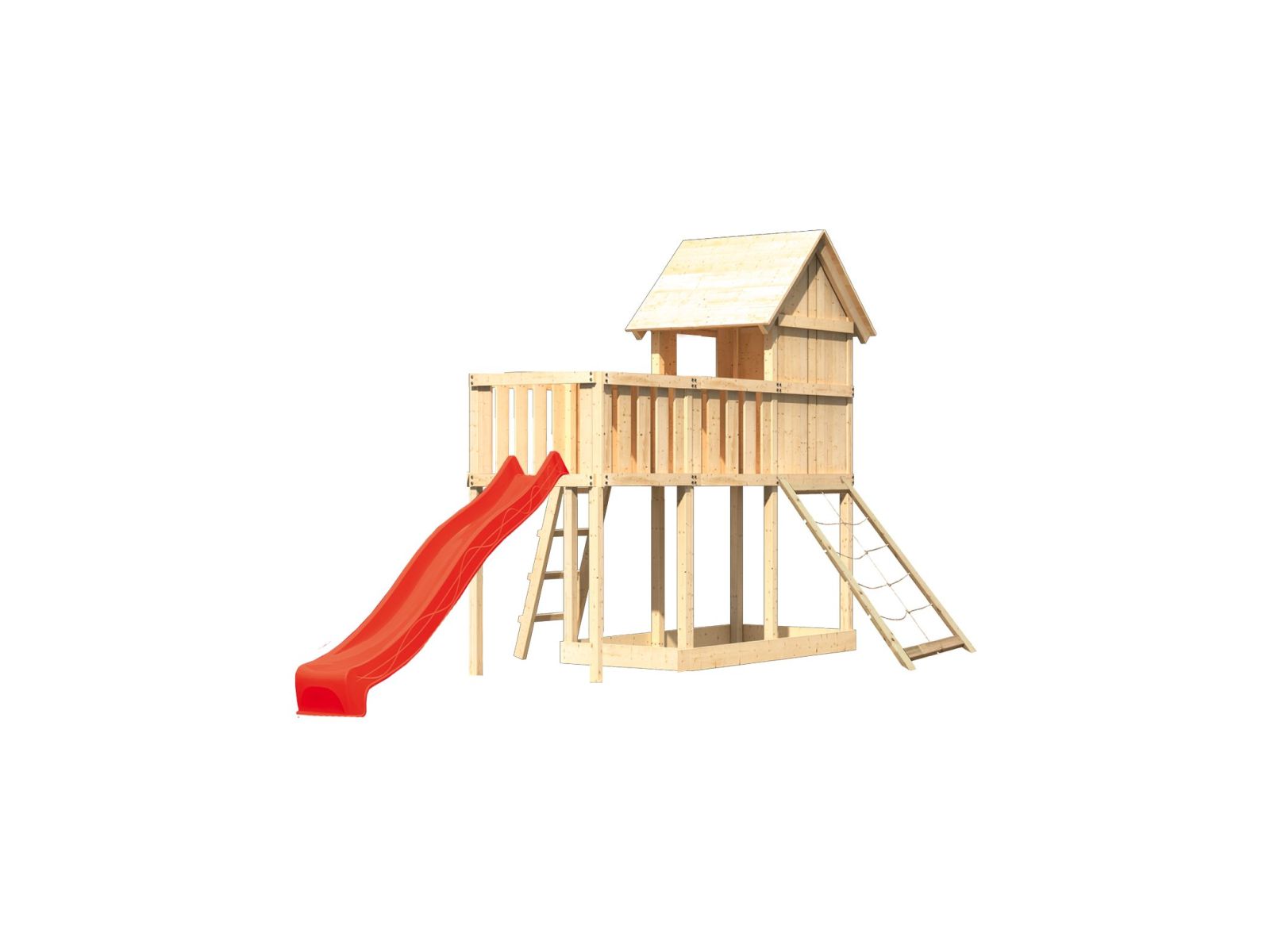 Karibu Stelzenhaus Frieda + Rutsche rot + Anbauplattform + Netzrampe
