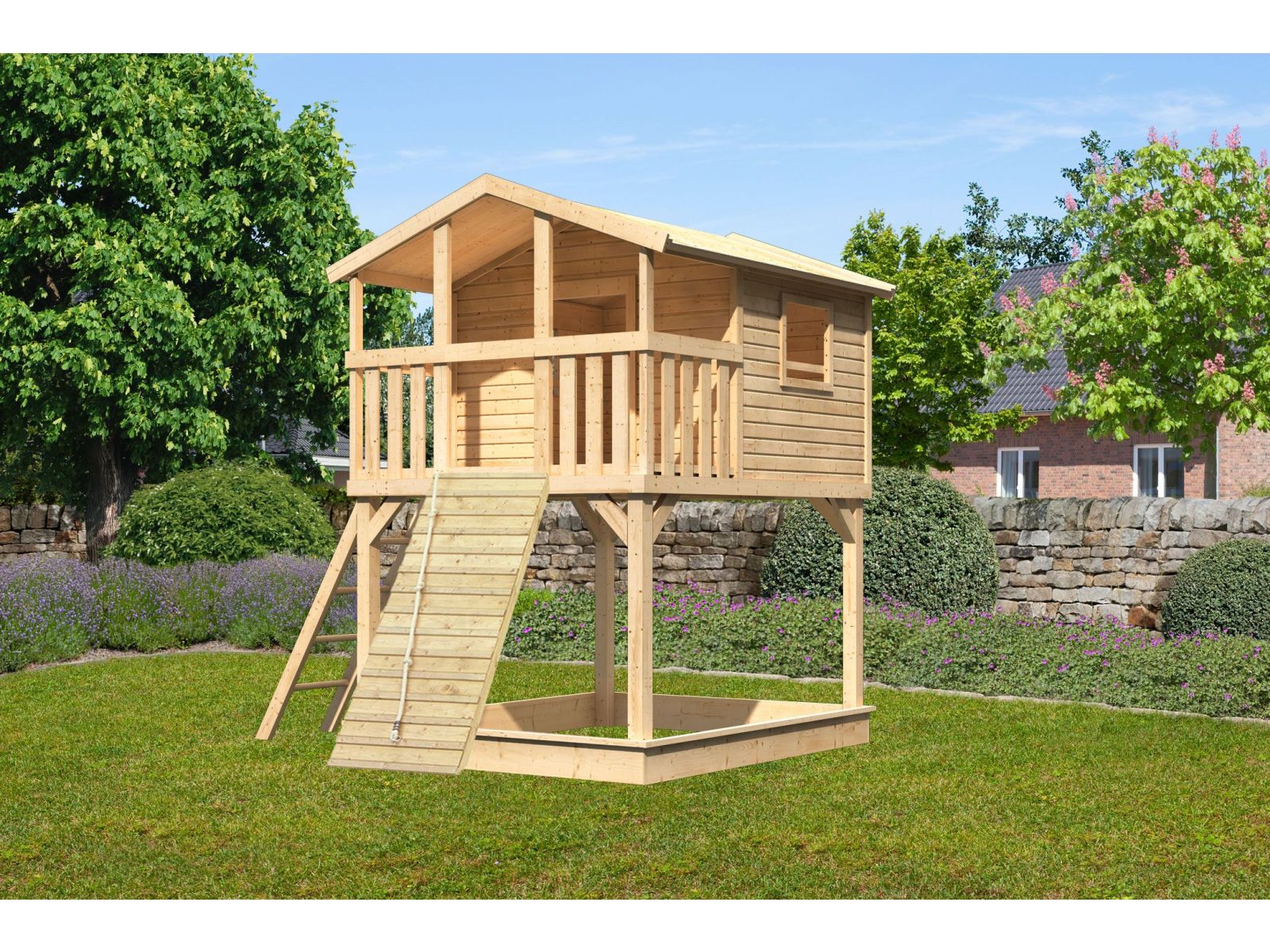 Karibu Stelzenhaus Benjamin naturbelassen mit Holzrampe