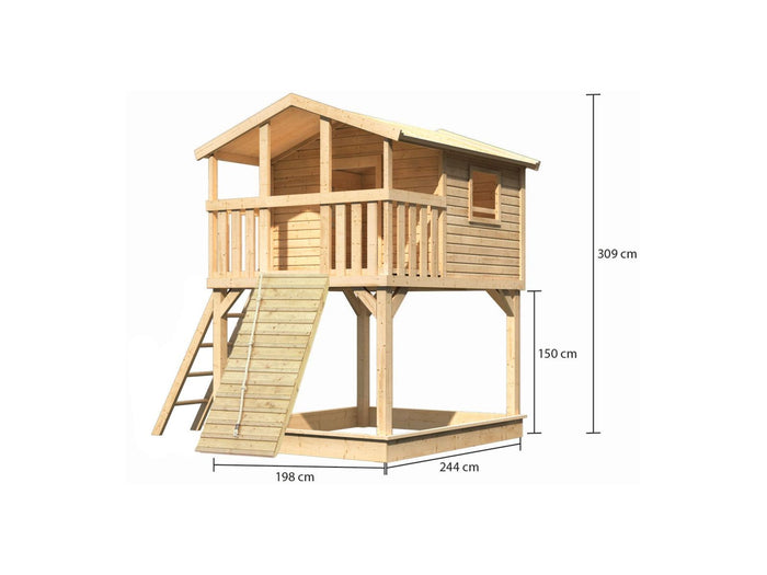 Karibu Stelzenhaus Benjamin naturbelassen mit Holzrampe