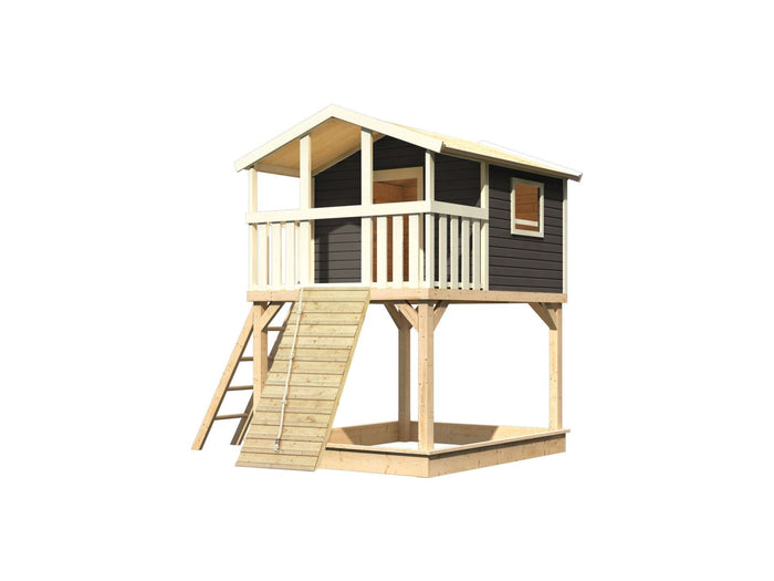 Karibu Stelzenhaus Benjamin terragrau mit Holzrampe