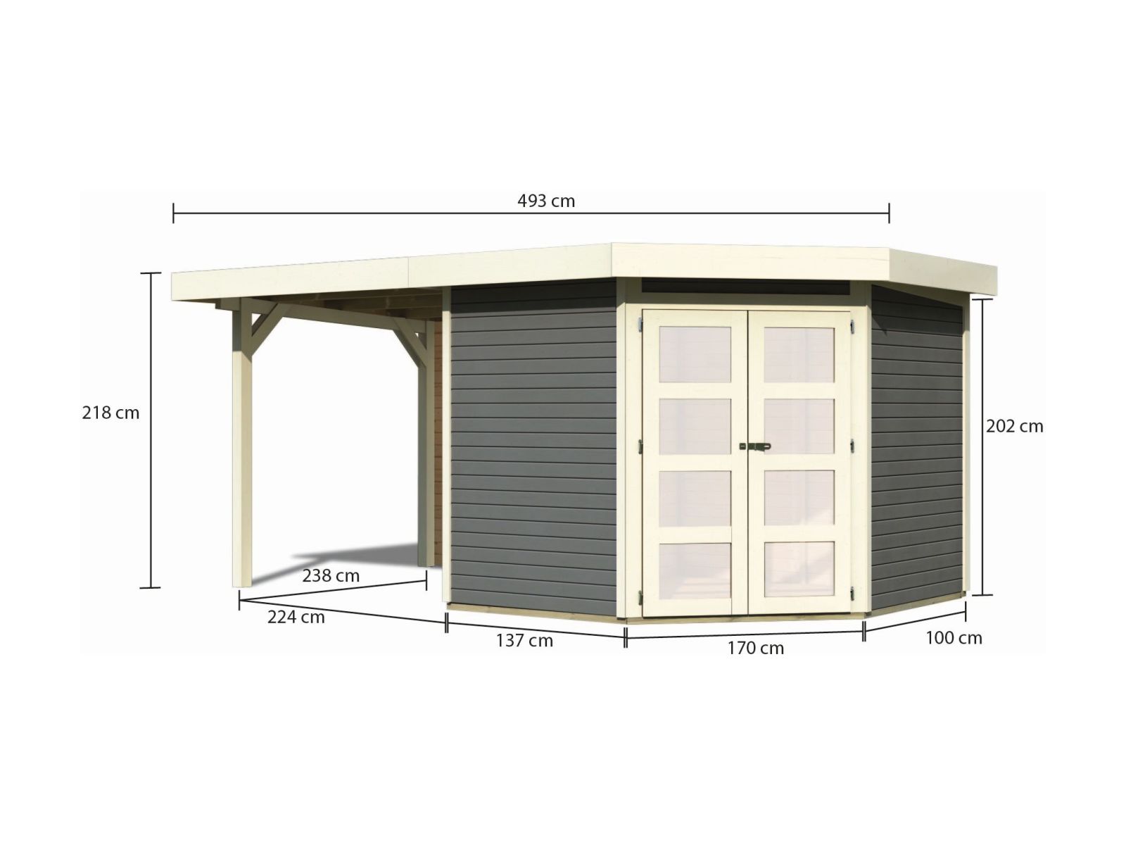 Karibu Gartenhaus Goldendorf 5 terragrau 19 mm mit Anbaudach 2,40 m und Rückwand