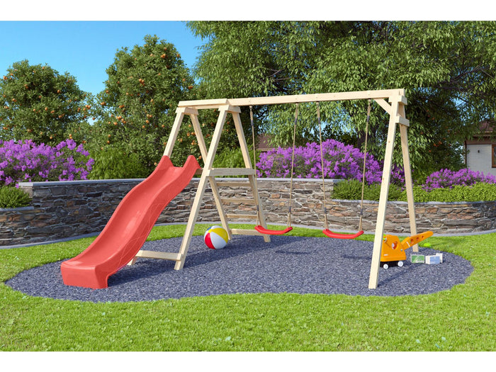 Karibu Doppelschaukel Felix mit Klettergerüst und Rutsche in rot