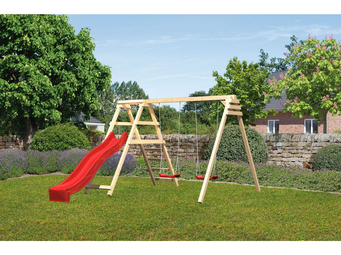 Karibu Doppelschaukel Felix mit Klettergerüst und Rutsche in rot