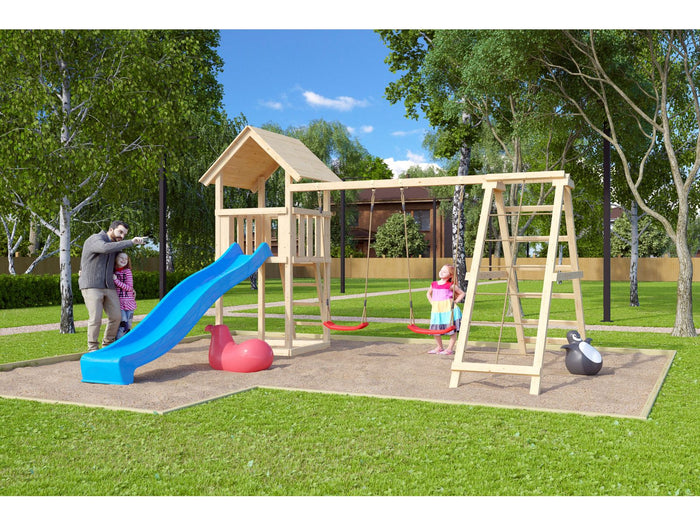 Karibu Spielturm Lotti mit Rutsche in blau und Doppelschaukel inkl. Klettergerüst