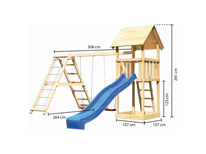 Karibu Spielturm Lotti mit Rutsche in blau und Doppelschaukel inkl. Klettergerüst