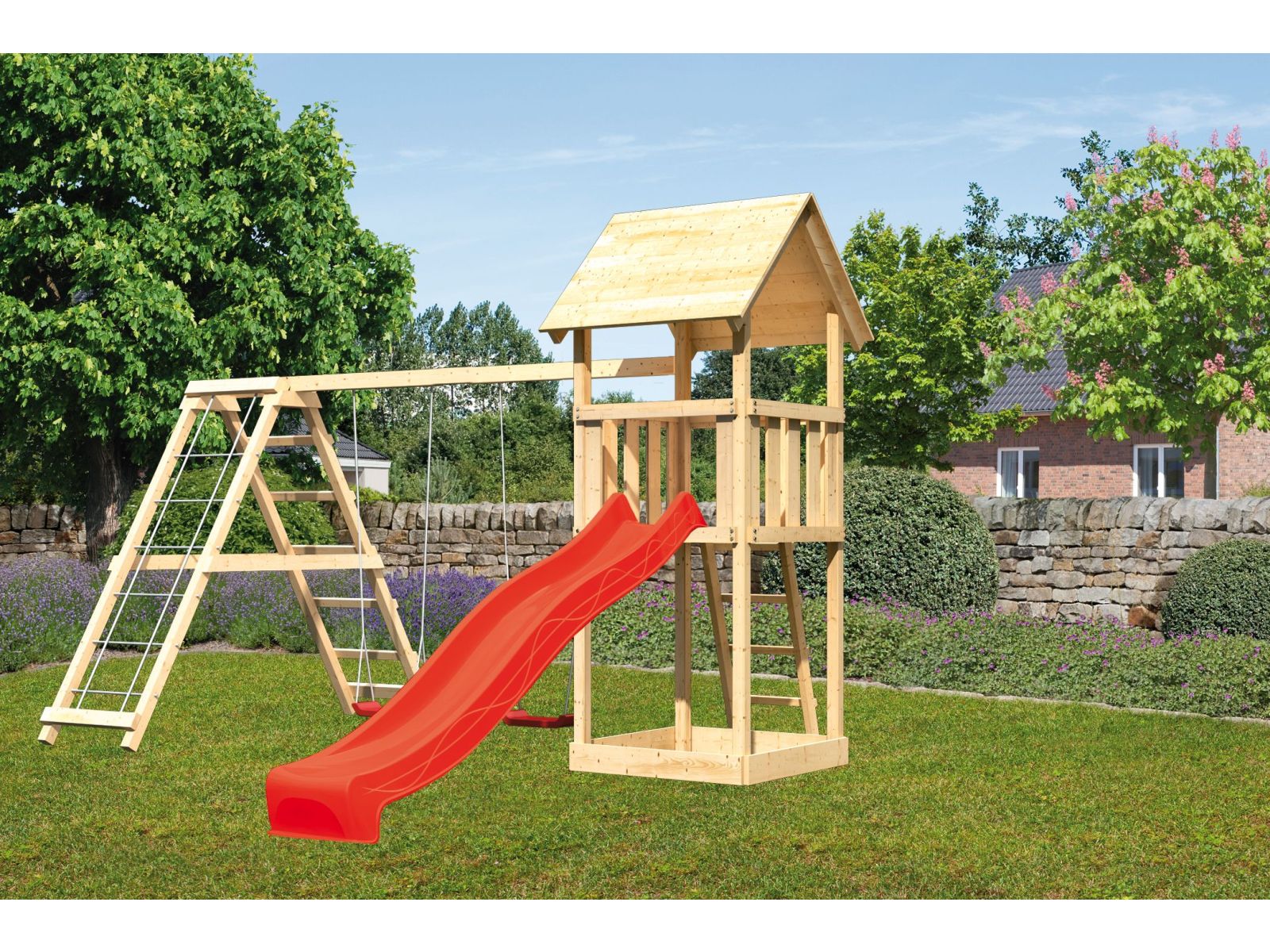 Karibu Spielturm Lotti mit Rutsche in rot und Doppelschaukel inkl. Klettergerüst