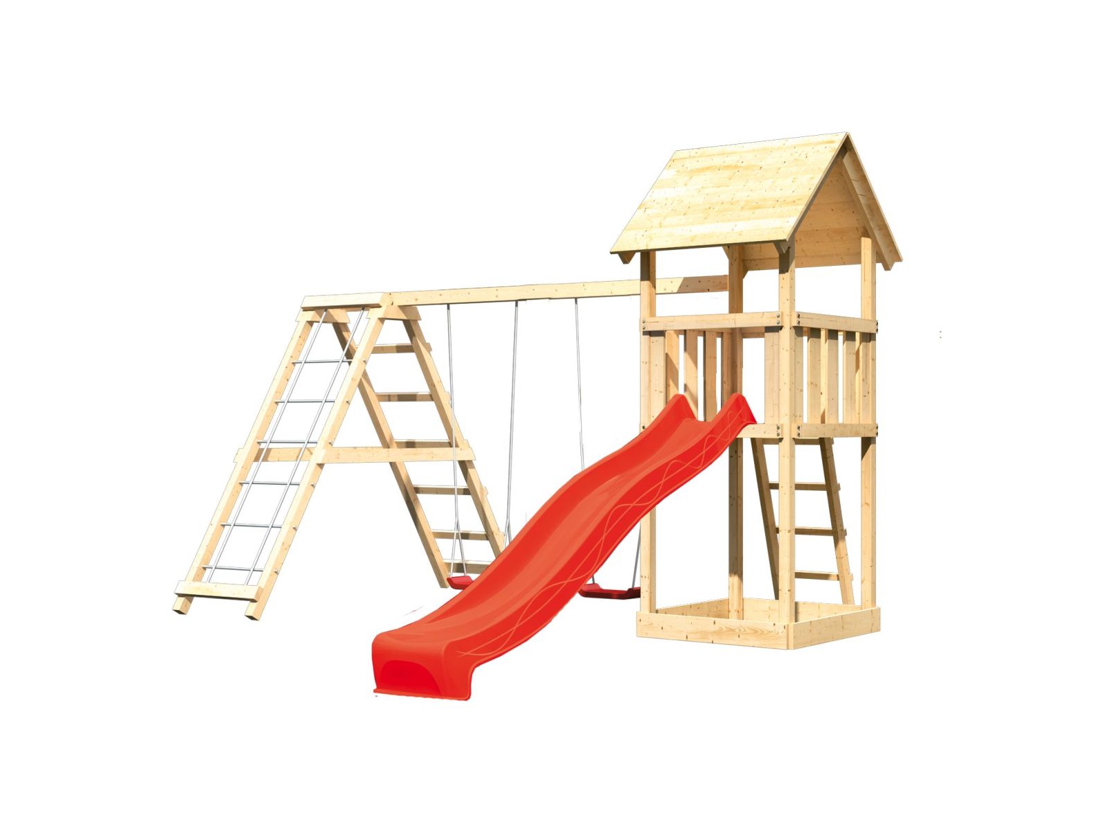 Karibu Spielturm Lotti mit Rutsche in rot und Doppelschaukel inkl. Klettergerüst