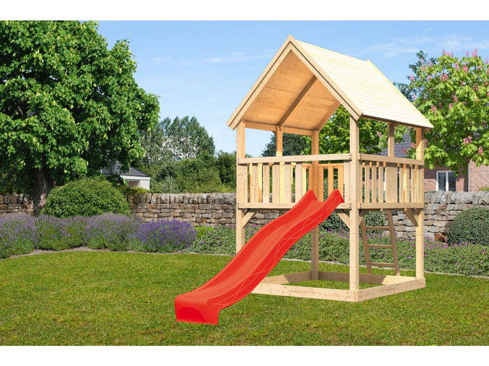 Karibu Spielturm Luis Satteldach + Rutsche rot