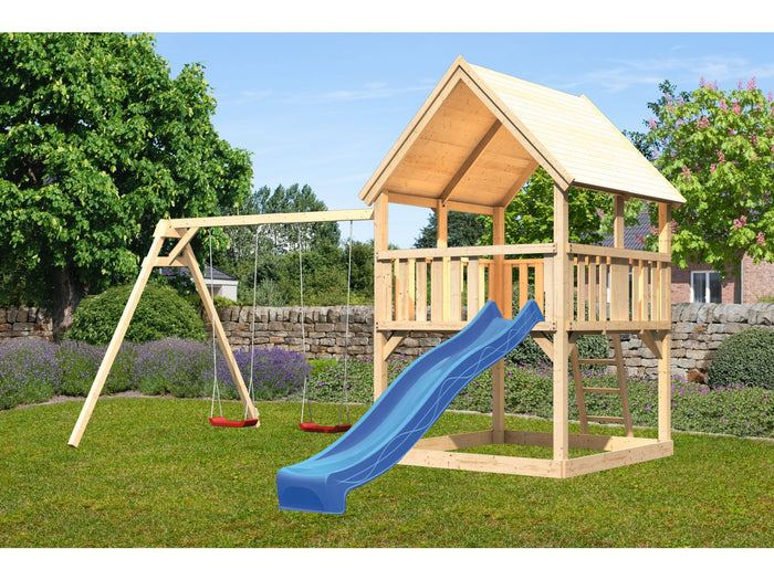 Karibu Spielturm Luis Satteldach + Rutsche blau + Doppelschaukel