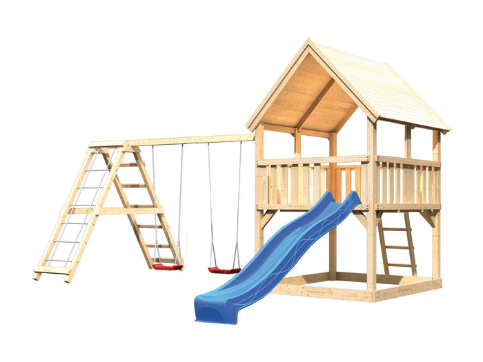 Karibu Spielturm Luis Satteldach + Rutsche blau + Doppelschaukelanbau Klettergerüst